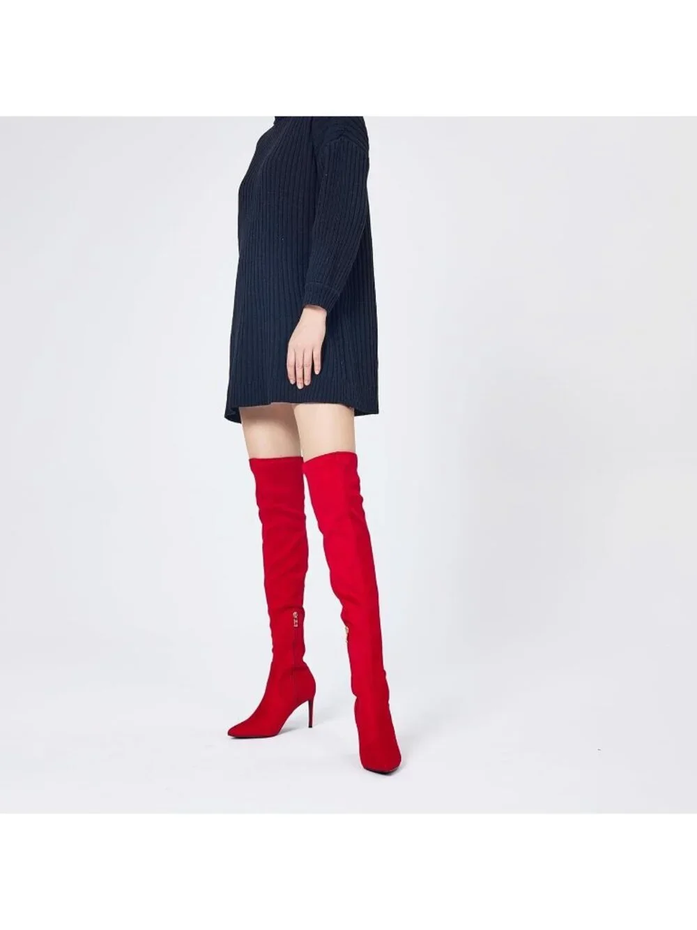 Women's Red Synthetic Rubber Stretch Suede Long Pointed Toe Over the Knee Boot